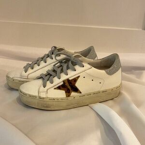 Golden Goose Hi Star Sneakers in White Leather/Leopard Star